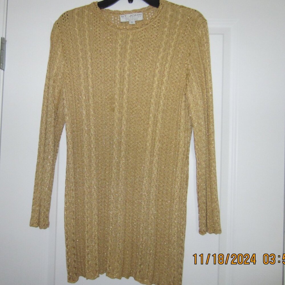 ST. JOHN Collection Evening Knit Gold Metallic FORMAL Long Sleeve top Marie Gray